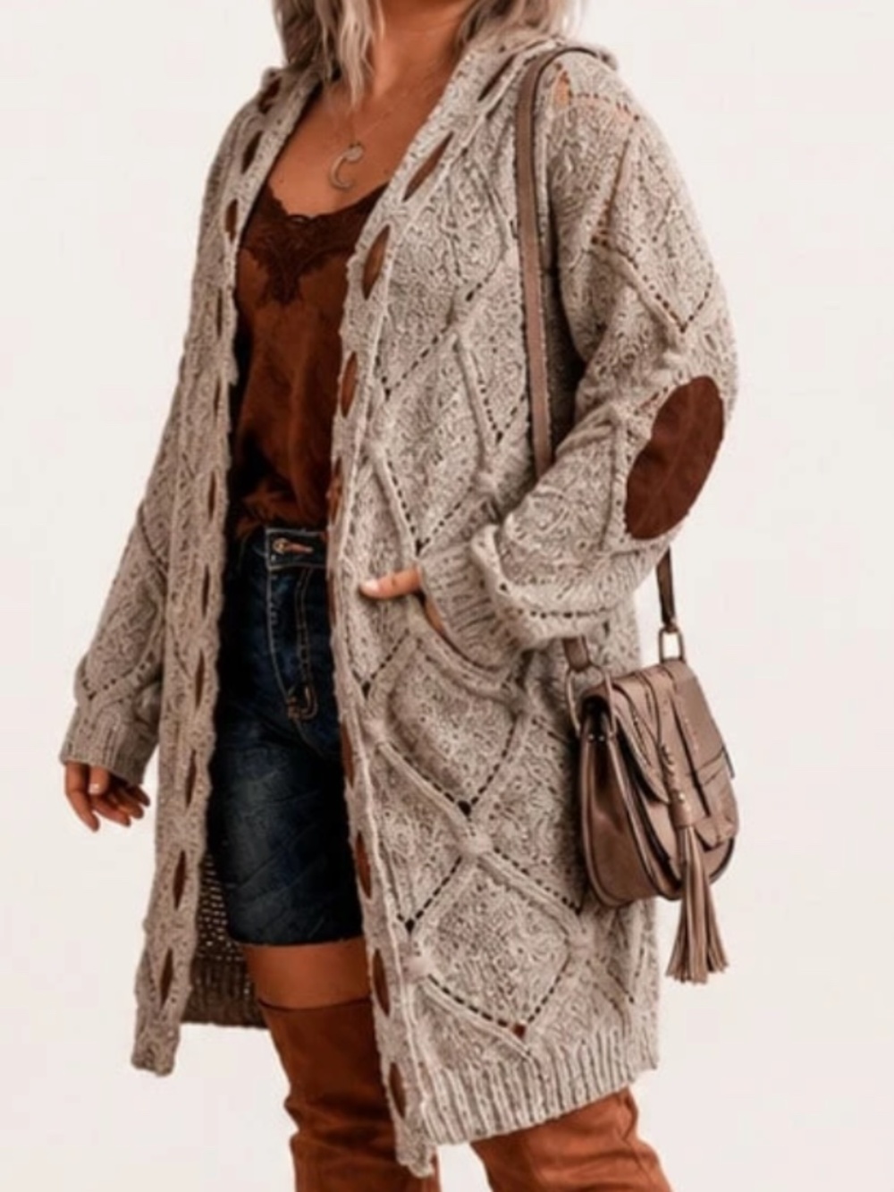 Plus Chunky Cable knit Open Front Knee Length Cardigan - Picture 3 of 7